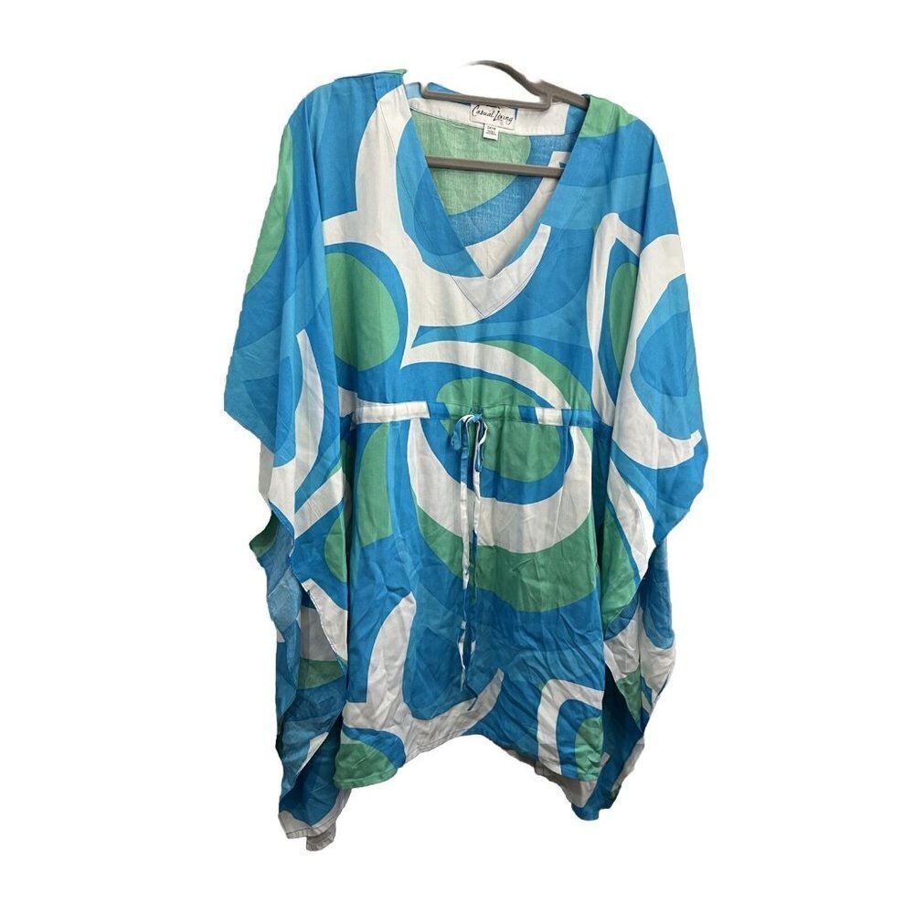 Casual Living Kimono Sleeve Tunic Shirt Women 0X/1X Blue And Green Coastal Wear